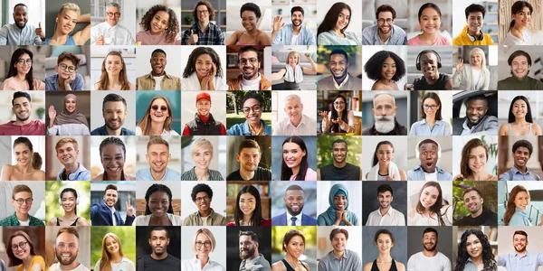 Sammlung Multiethnischer Menschen Die Auf Verschiedenen Hintergründen Lächeln Und Gestikulieren — Stockfoto