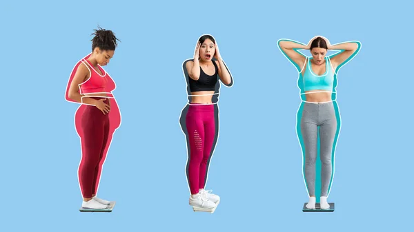 Surprised unhappy asian, black and european young women athletes in sportswear, fat ladies drawn around, checking weight on scales, isolated on blue background. Problems with weight loss, overeating