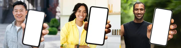Big Blank Smartphone White Screen Different Men Woman Recommending Mobile — 스톡 사진