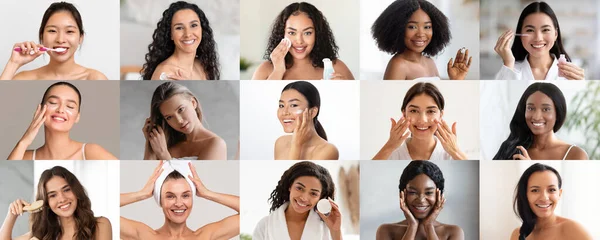 陽気千年の多人種の女性は 自宅でアンチエイジングルーチンの治療 きれいな肌 適用クリーム ブラシ歯をお楽しみください 美容ケア 無料の時間をお楽しみください 毎日の手順とスパ 髪を組み合わせる — ストック写真