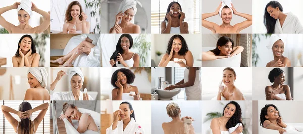 Smiling Millennial Different Women Enjoy Aging Routine Procedures Take Bath — Stock Photo, Image