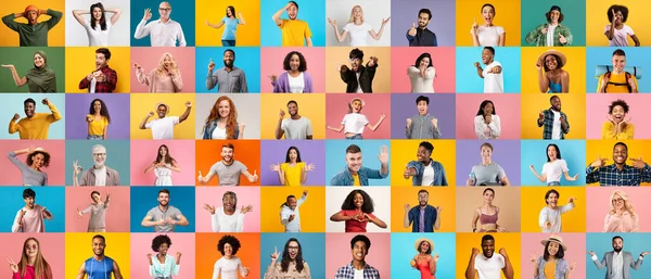 Positive People. Portraits Of Diverse Happy Multicultural Men And Woman On Colorful Backgrounds, Joyful Males And Females Of Different Age And Ethnicity Posing Over Bright Studio Backdrops, Collage