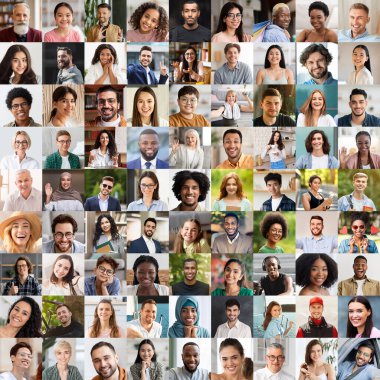 Beautiful happy multiracial people men and women, children different ages, styles, occupations posing on various backgrounds indoors and outdoors, smiling at camera, collage