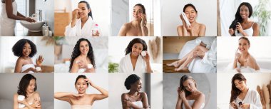 Gülümseyen milenyum, yetişkin çok ırklı kadınlar evde yaşlanma karşıtı ve spa tedavisi yapıyorlar, cilt temizliği, saç bakımı, günlük prosedürler, evde krem sürüyorlar, kolaj yapıyorlar. Güzellik, nemlendirme, boş zaman