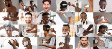 Neşeli bin yıllık çok ırklı erkekler dişlerini fırçalıyor, krem ve deodorant sürüyor, günlük rutinlerin tadını çıkarıyor, tıraş oluyor, evde duş alıyor, kolaj yapıyor. Diş bakımı, hijyen, nemlendirici cilt ve kozmetik.