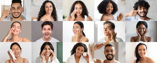 Vrolijke Jonge Multiraciale Mannen Vrouwen Brengen Crème Het Gezicht Kammen — Stockfoto