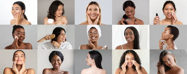 Усміхнені Молоді Зрілі Різноманітні Жінки Насолоджуються Анти Старінням Рутинних Процедур — стокове фото