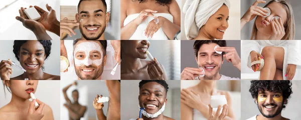 Uluslararası genç erkek ve kadınların krem, yağ, deodorant sürmesi, tıraş olması, spa tedavisinin keyfini çıkarması ve evde makyaj yapması, kolaj yapması güzel. Vücut ve güzellik, günlük hijyen, nemlendirici kozmetik