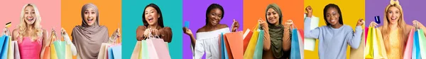 Happy Customers. Group Of Happy Multicultural Women With Shopping Bags In Hands Posing Over Bright Studio Backgrounds, Joyful Multiethnic Females Enjoying Seasonal Sales And Discounts, Collage
