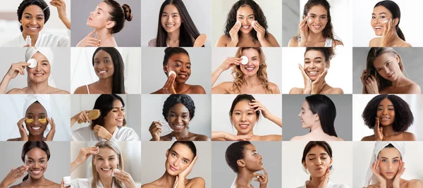 Happy Adult Millennial Multiracial Women Enjoy Aging Routine Clean Skin — Stock Photo, Image