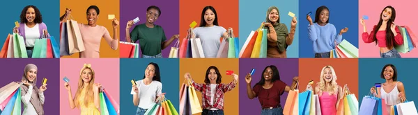 Consumentenbegrip Diverse Shopaholic Vrouwen Holding Bright Shopping Tassen Credit Cards — Stockfoto