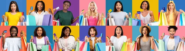 若い多民族女性保持クレジットカードと明るい紙ショッピングバッグ 多様な笑顔ショッピングショッピング女性楽しむ簡単な支払いながら作る購入 創造的なコラージュ パノラマ — ストック写真