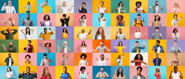 Collage with faces of diverse happy multiethnic people standing over colorful backgrounds, different multicultural men and women expressing positive emotions while posing over bright backdrops