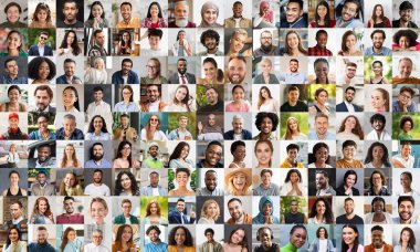 Diversity concept. Mosaic of cheerful multiracial people men different ages posing outdoors and indoors, smiling at camera, showing positive emotions, collage, collection of closeup photos