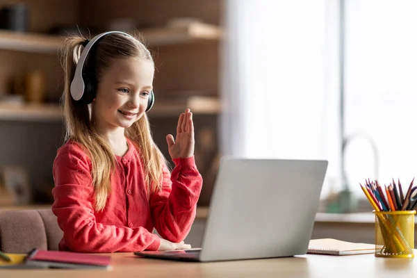 Distant Education Cute Little Schoolgirl Study Laptop Home Raising Hand — Stock Photo, Image