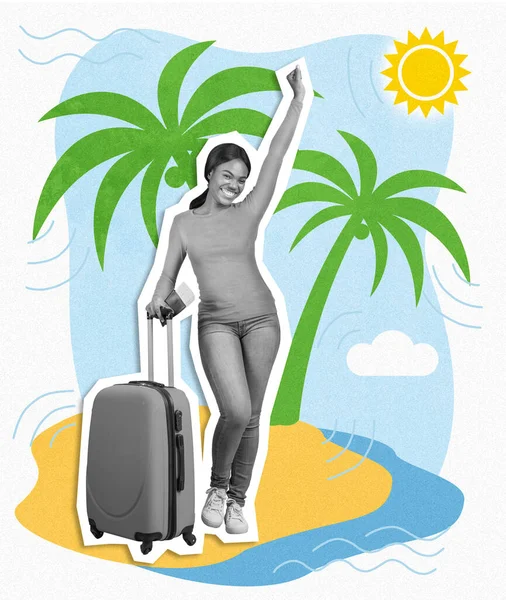 Fröhliche Afrikanisch Amerikanische Touristin Mit Koffer Mit Eintrittskarten Und Pass — Stockfoto