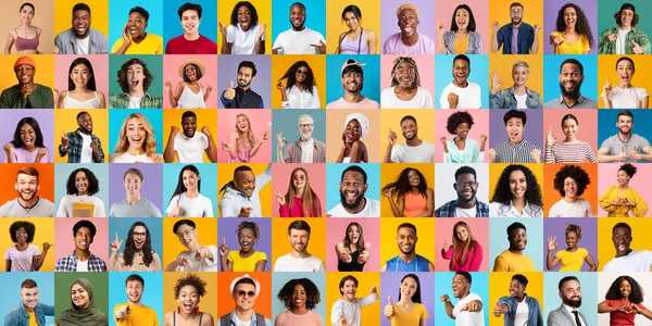 Positive Emotions Set Diverse Happy Multiethnic People Portraits Bright Backgrounds — Stock Photo, Image