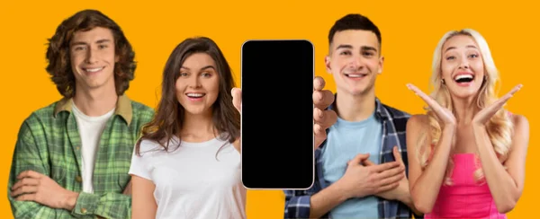 Wesoły Zadowolony Millenium Europejczycy Pokazują Smartfona Pustym Ekranem Zrobić Gest — Zdjęcie stockowe
