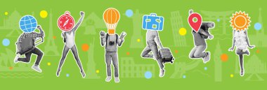 Zıplayan genç insanlardan memnunum, yeşil arka planda pusula, toprak ve bavul işaretleriyle seyahat etmekten mutluyum. Plaj tatili, izlenim ve aktif yaşam tarzı, seyahat duyguları.