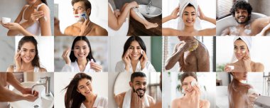 Neşeli bin yıllık çeşitli insanlar krem sürerler, yağ sürerler, tıraş olurlar, spa tedavilerinden hoşlanırlar ve evde tek başlarına banyo yaparlar, kolaj yaparlar, kırpılırlar. Güzellik, günlük hijyen, yenileme için nemlendirici kozmetik ürünler.