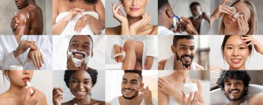 Neşeli genç çok ırklı insanlar krem sürerler, ruj sürerler, tıraş olurlar, banyodan hoşlanırlar, spa prosedürleri, kolaj, panorama. Güzellik ve vücut bakımı, günlük hijyen, cilt için nemlendirici kozmetik