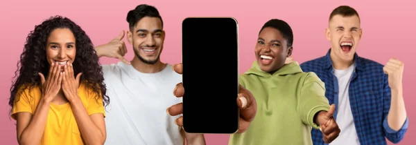Εφαρμογή Για Συνομιλία Χαρούμενα Ενθουσιασμένοι Χιλιετή Διαφορετικούς Ανθρώπους Δείχνουν Τηλέφωνο — Φωτογραφία Αρχείου