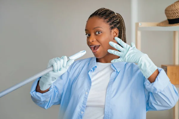 Attractive Cheerful Smiling Young Black Lady Workwear Rubber Gloves  Housekeeper Stock Photo by ©Milkos 645674942