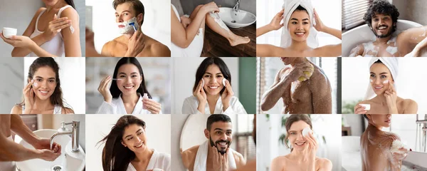 Fröhliche Millennials Tragen Creme Rasur Auf Genießen Wellness Behandlungen Und — Stockfoto