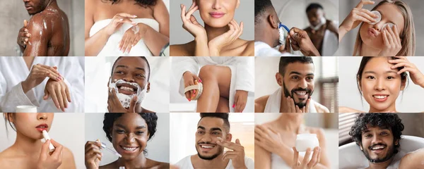 Veselí Mladí Multiraciální Lidé Aplikovat Krém Rtěnku Oholit Vychutnat Koupel — Stock fotografie