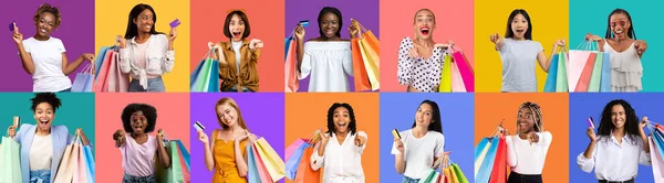 Szezonális Értékesítési Koncepció Izgalmas Többnemzetiségű Nők Tartó Bevásárló Táskák Rámutatva — Stock Fotó