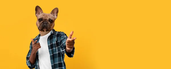 Oye Chico Afroamericano Con Cabeza Bulldog Francés Señalando Los Dedos —  Fotos de Stock