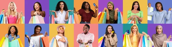 Boldog Női Vásárlók Vidám Többnemzetiségű Hölgyek Gazdaság Bright Bevásárló Táskák — Stock Fotó