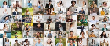 Human lifestyle concept. Set of cheerful closeup photos of diverse men and women various ages and occupations, multiracial people posing indoors and outdoors, collage, panorama