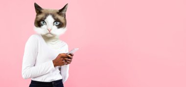 Black woman with sweet pussy cat animal head using mobile phone, panorama with copy space for online offer or mobile app advert, pink studio background, collage