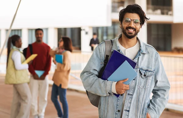Smiling Young Indian Male Student Beard Casual Glasses Notebooks Studying — Stock Photo, Image