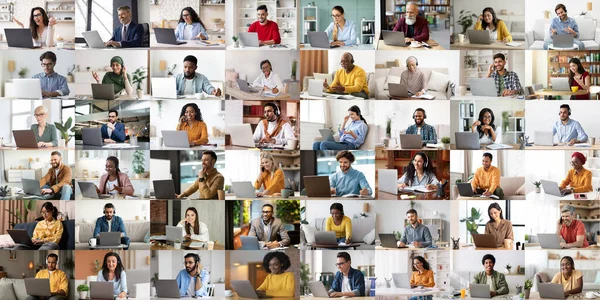 Multirassische Männer Und Frauen Mit Laptop Online Arbeit Teilnahme Webinaren — Stockfoto