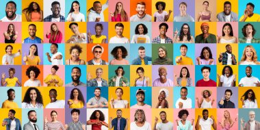 Creative collage with lot of smiling multicultural faces over colorful backgrounds, diverse happy multiethnic people of different age posing over bright backdrops, smiling and gesturing at camera clipart