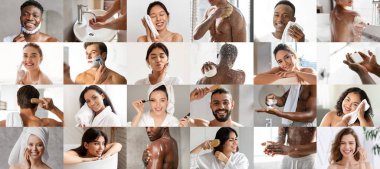 Tatmin olmuş bin yıllık farklı insanlar krem, serum, saç tarama, tıraş, spa tedavileri ve evde banyo ve kolaj uygular. Güzellik için nemlendirici kozmetik ürünler, günlük hijyen