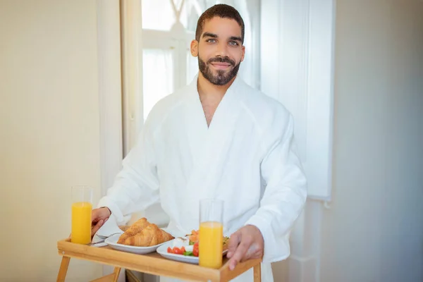 Romantic Breakfast Bed Handsome Middle Eastern Man Holding Table Tray — Stock Photo, Image