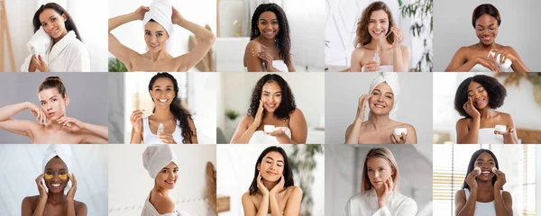 Jovens Alegres Maduras Mulheres Diferentes Desfrutar Rotina Envelhecimento Pele Limpa — Fotografia de Stock