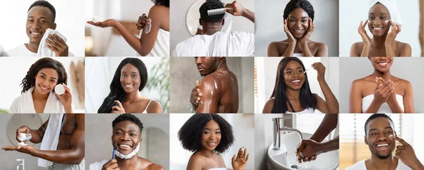 Sonrientes Jóvenes Afroamericanos Hombres Mujeres Aplican Crema Aceite Afeitarse Peinar —  Fotos de Stock