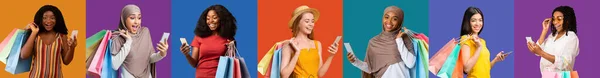Online Αγορές Χαρούμενες Πολυεθνικές Γυναίκες Κρατώντας Smartphones Και Φωτεινές Τσάντες — Φωτογραφία Αρχείου