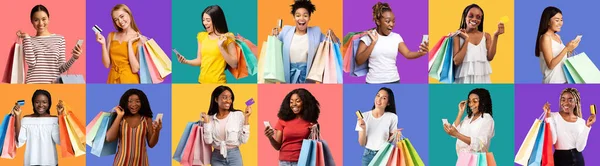 Försäljningsapp Glada Multietniska Kvinnor Med Shoppingväskor Och Smartphones Posing Färgglada — Stockfoto
