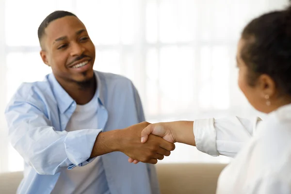 Happy Handsome Young African American Man Casual Sitting Couch Counselor — Stock Photo, Image