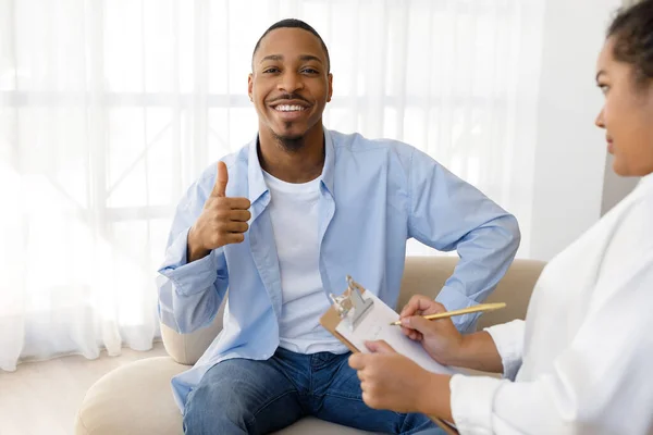 Happy Attractive Young Black Man Casual Outfit Sitting Counselor Office — Stock Photo, Image
