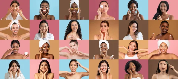 Gelukkig Volwassen Millennial Multiraciale Vrouwen Toe Passen Crème Patches Maken — Stockfoto