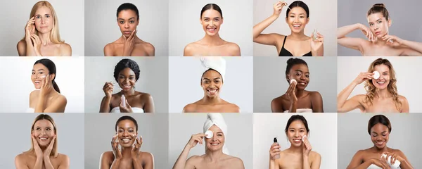 Cheerful Old Millennial Diverse Women Apply Cream Serum Enjoy Spa — Stock Photo, Image
