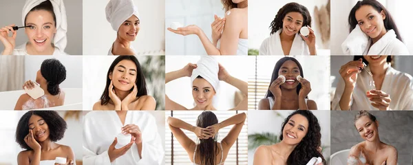Glad Young Mature International Women Enjoy Aging Routine Clean Skin — Stock Photo, Image