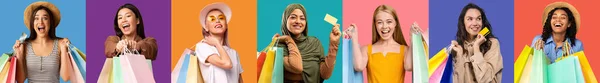 Konsumentenschutzkonzept Porträts Diverser Multiethnischer Frauen Mit Einkaufstaschen Den Händen Die — Stockfoto