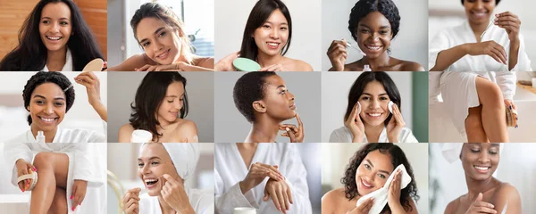 微笑的年轻女性喜欢日常的抗衰老程序 清洁的皮肤 在家里用牙线刷牙 免费美容美发和温泉治疗 裸体化妆 按摩和美容美发 — 图库照片